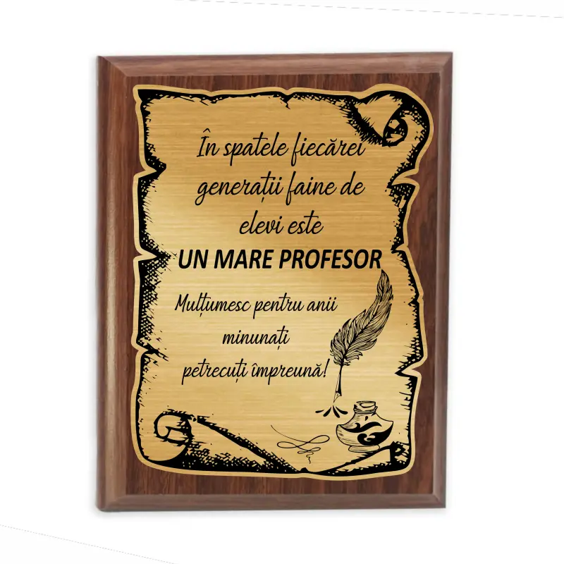 Un mare profesor multumim, placheta lemn personalizata prin gravura